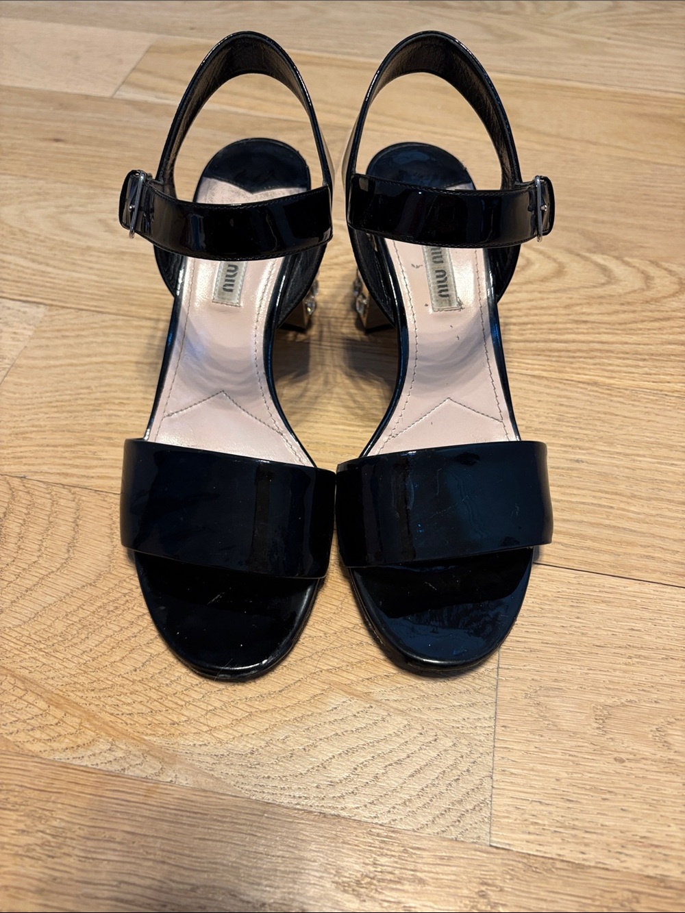 Miu Miu Black Patent Leather Block Heel Sandals